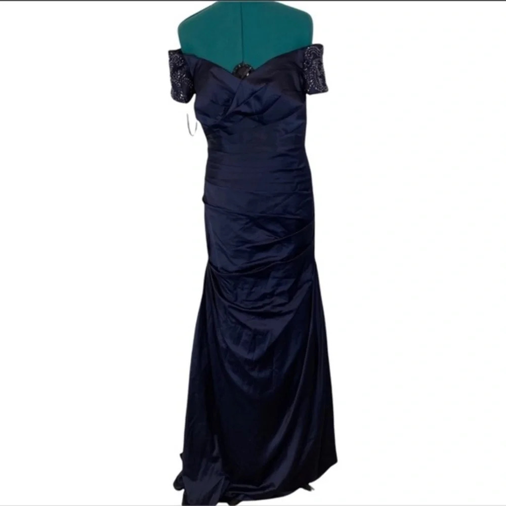 La Femme Satin Off the Shoulder Dress with Beaded Sleeves‎ - Picture 4 of 8